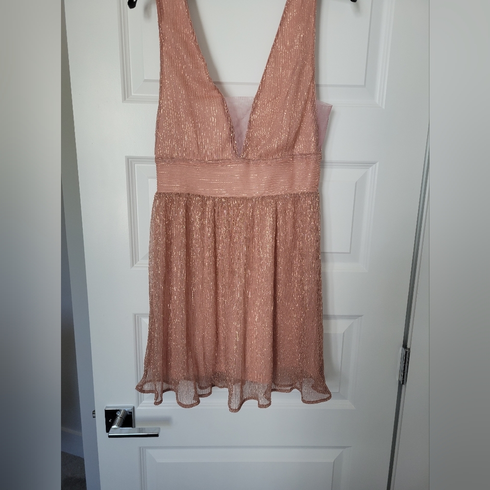 Sparkly peach cut out with mesh V neck dress from Vici